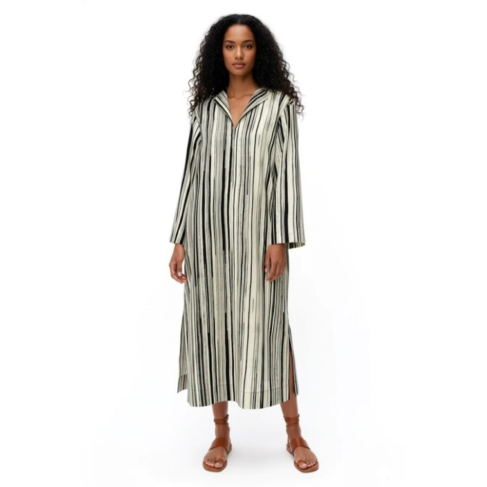 NWT marimekko Interia Siluetti in Light Yellow Black Cotton Poplin Dress 40 / 10